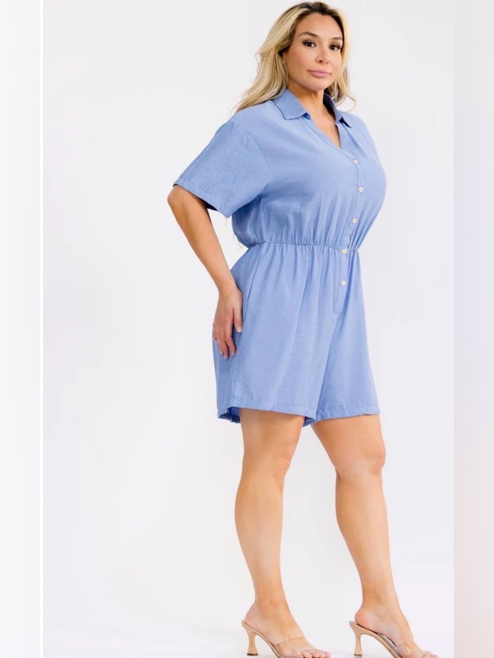 0227.  Light Blue Button-Front Romper - Picture 3 of 4